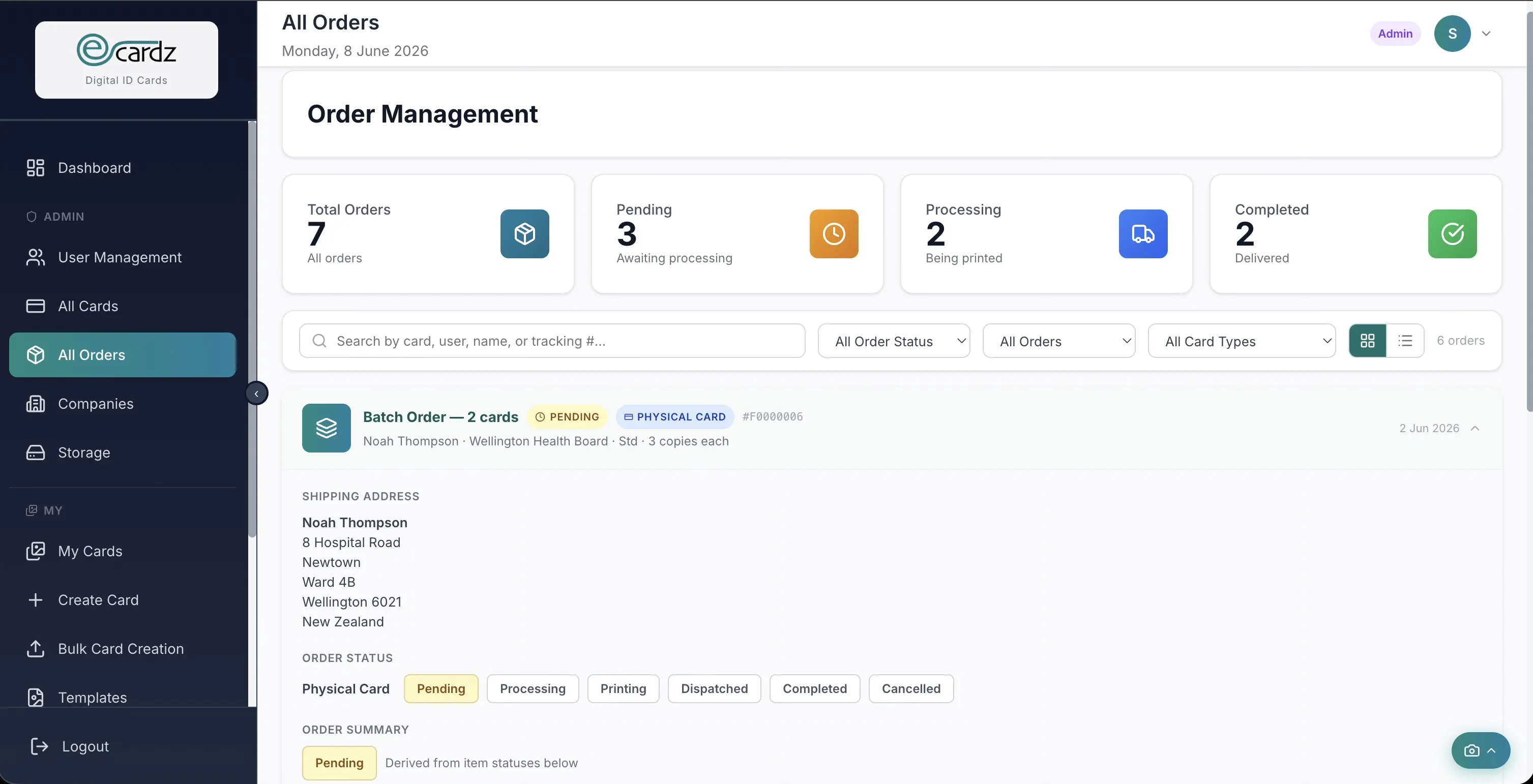 Admin Order Management — fulfillment stages, tracking numbers, bulk actions